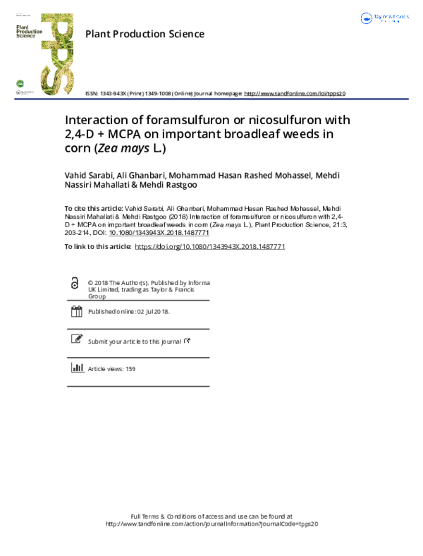 (PDF) Interaction of foramsulfuron or nicosulfuron with 2,4-D + MCPA on ...