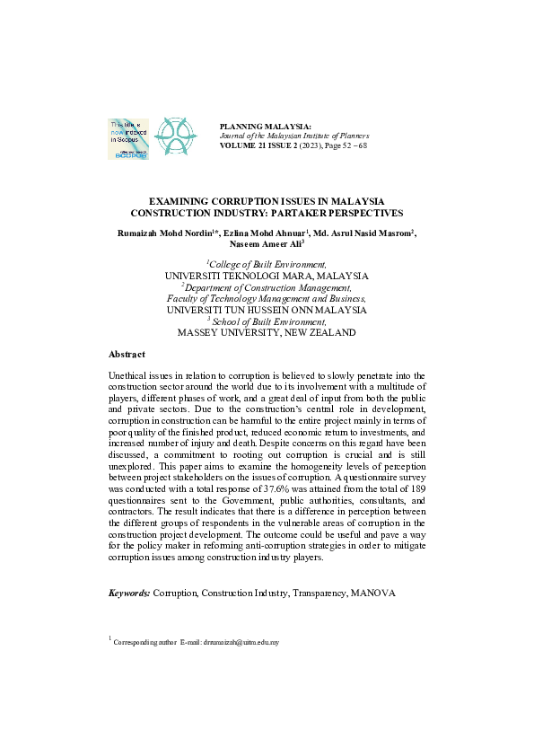 (PDF) Examining Corruption Issues in Malaysia Construction Industry ...
