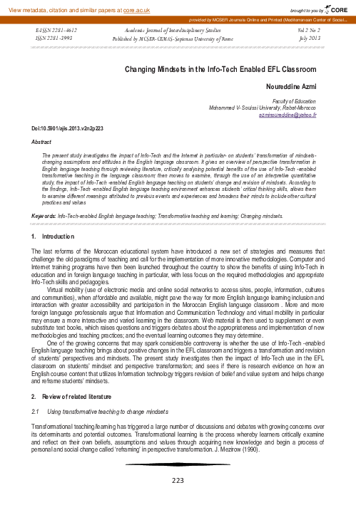 (PDF) Changing Mindsets in the Info-Tech Enabled EFL Classroom
