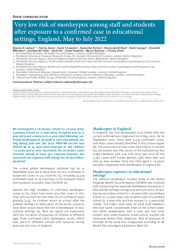(PDF) Very low risk of monkeypox among staff and students after ...