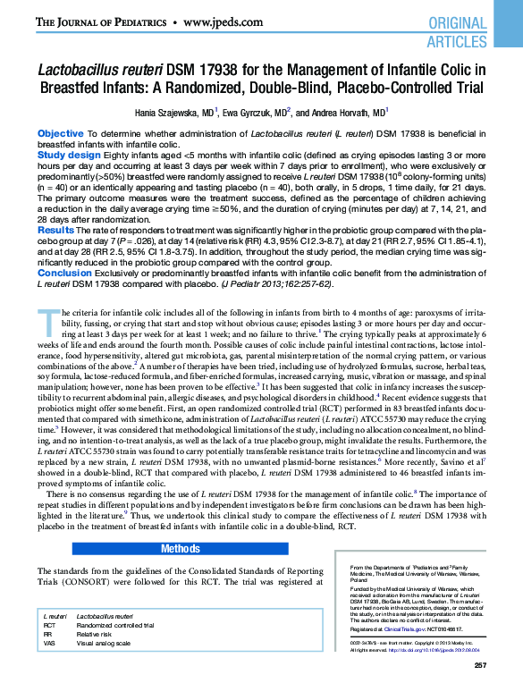 (PDF) Lactobacillus reuteri DSM 17938 for the Management of Infantile ...
