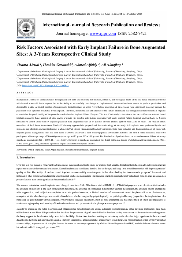 (PDF) Risk Factors Associated With Early Implant Failure In Bone ...
