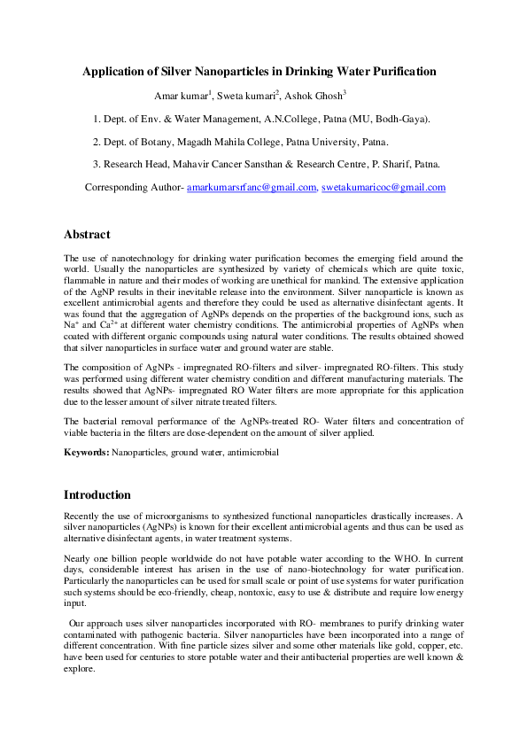 (PDF) Application of Silver Nanoparticles in Drinking Water Purification