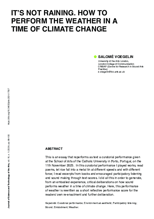 (PDF) IT'S NOT RAINING. HOW TO PERFORM THE WEATHER IN A TIME OF CLIMATE ...