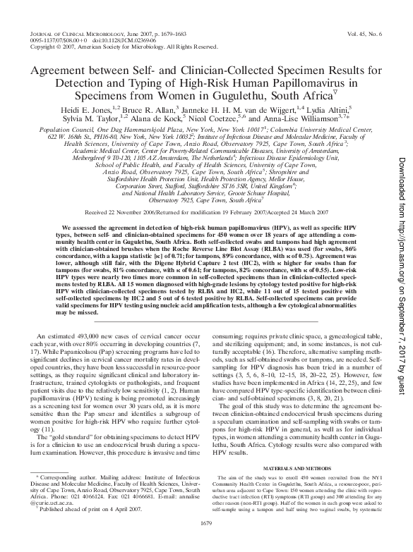 (PDF) Agreement between Self- and Clinician-Collected Specimen Results ...