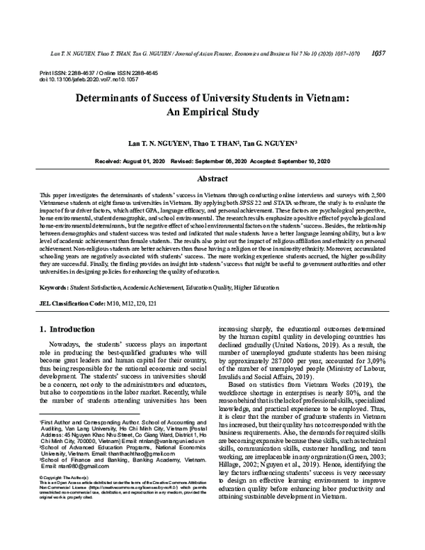 (PDF) Determinants of Success of University Students in Vietnam: An ...