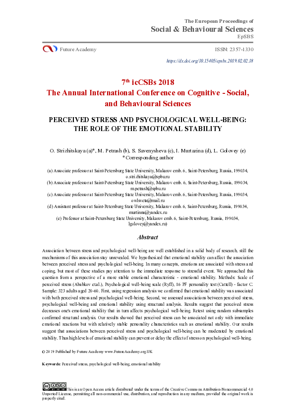 (PDF) Perceived Stress And Psychological Well-Being: The Role Of The ...