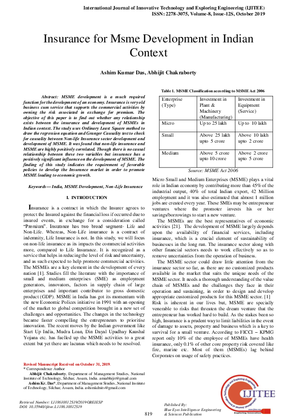 (PDF) Insurance for MSME Development in Indian Context