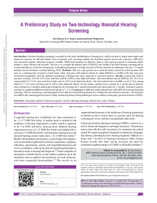 (PDF) A preliminary study on two-technology neonatal hearing screening