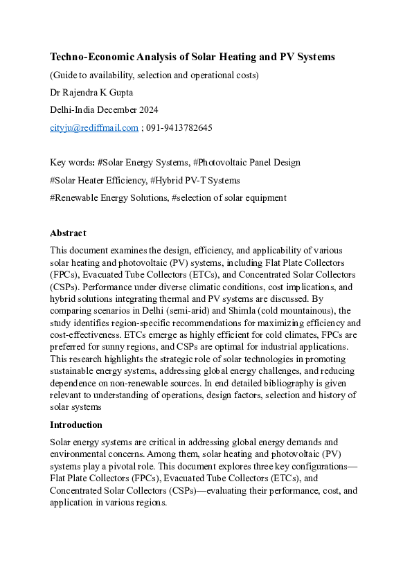 (PDF) Techno-Economic Analysis of Solar Heating and PV Systems