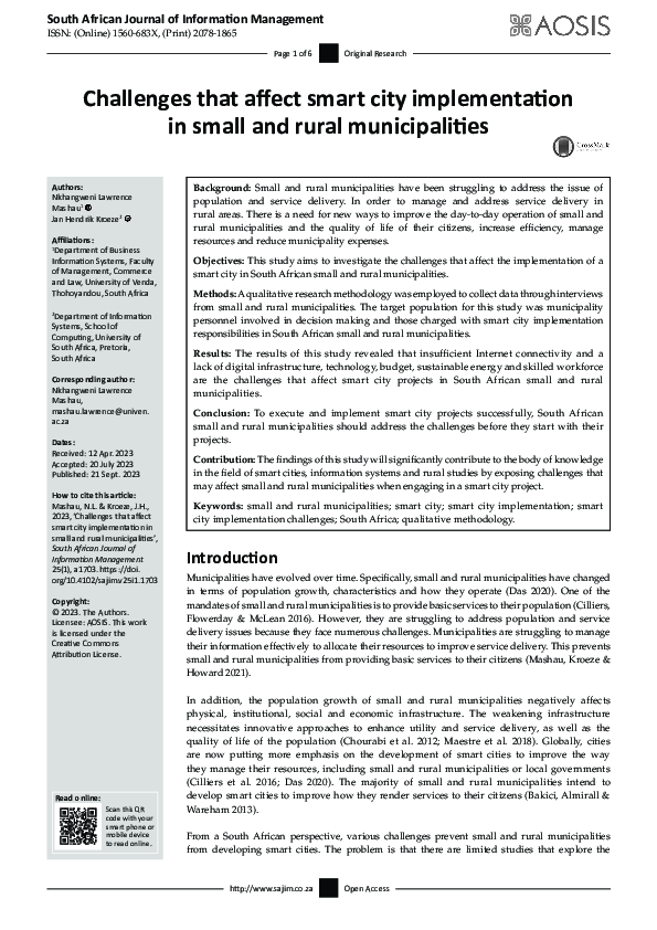 (PDF) Challenges that affect smart city implementation in small and ...