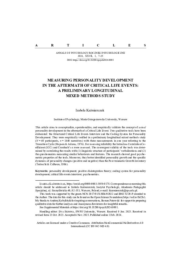 (PDF) Measuring Personality Development in the Aftermath of Critical ...