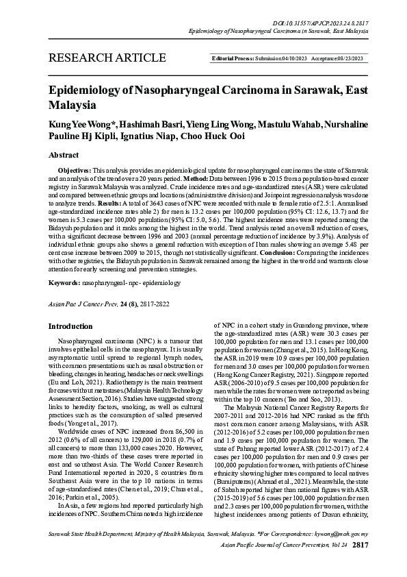 (PDF) Epidemiology of Nasopharyngeal Carcinoma in Sarawak, East Malaysia