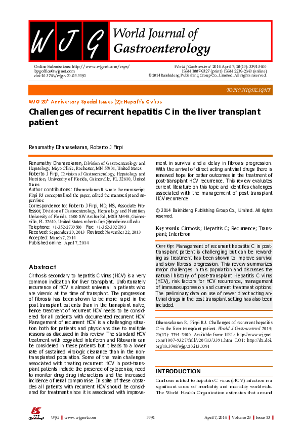 (PDF) Challenges of recurrent hepatitis C in the liver transplant patient