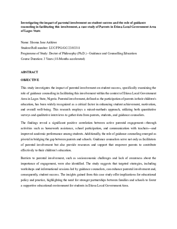 (PDF) INVESTIGATING THE IMPACT OF PARENTAL INVOLVEMENT ON STUDENT SUCCESS