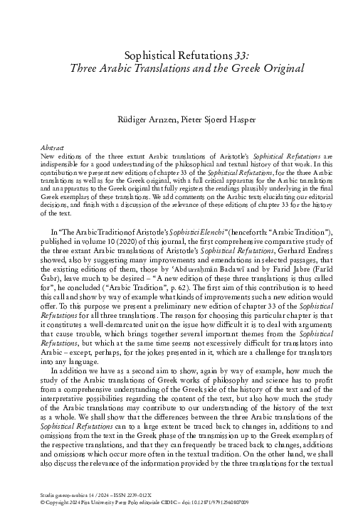 (PDF) Sophistical Refutations 33: Three Arabic Translations and the ...