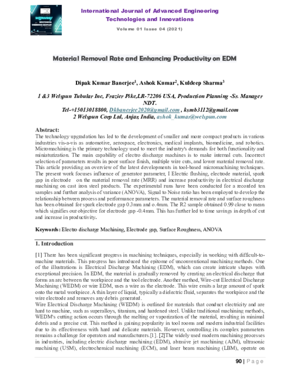 (PDF) Material Removal Rate and Enhancing Productivity on EDM