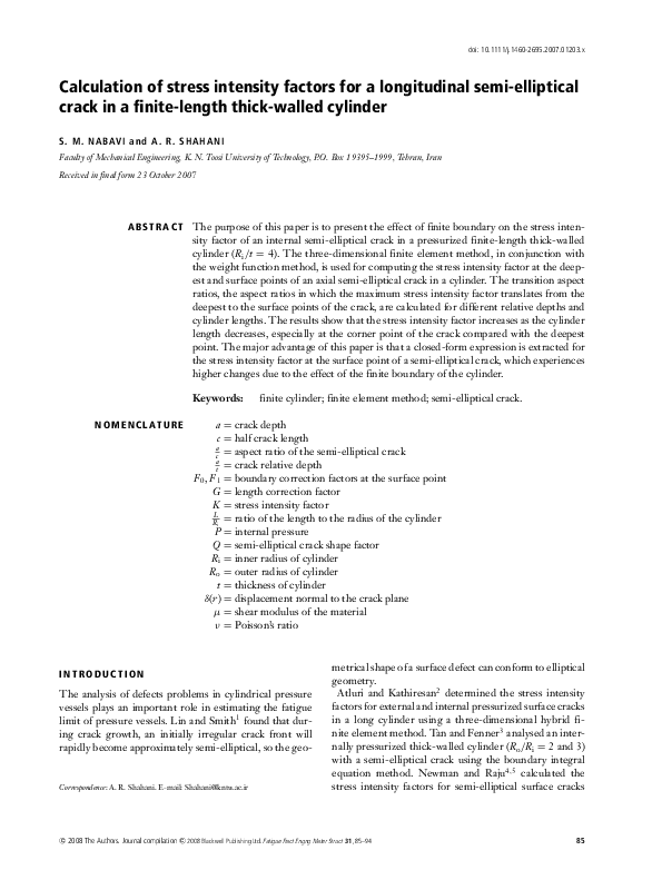 (PDF) Calculation of stress intensity factors for a longitudinal semi ...