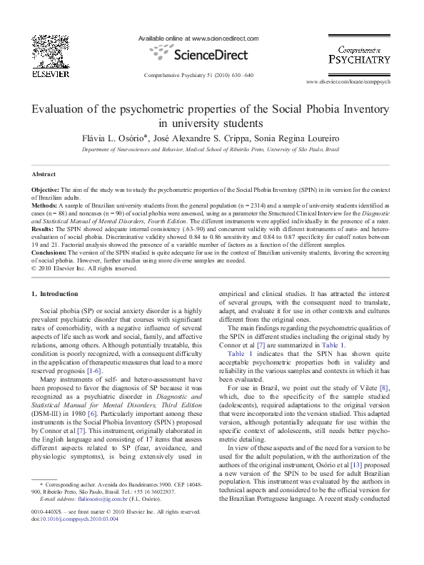 (PDF) Evaluation of the psychometric properties of the Social Phobia ...