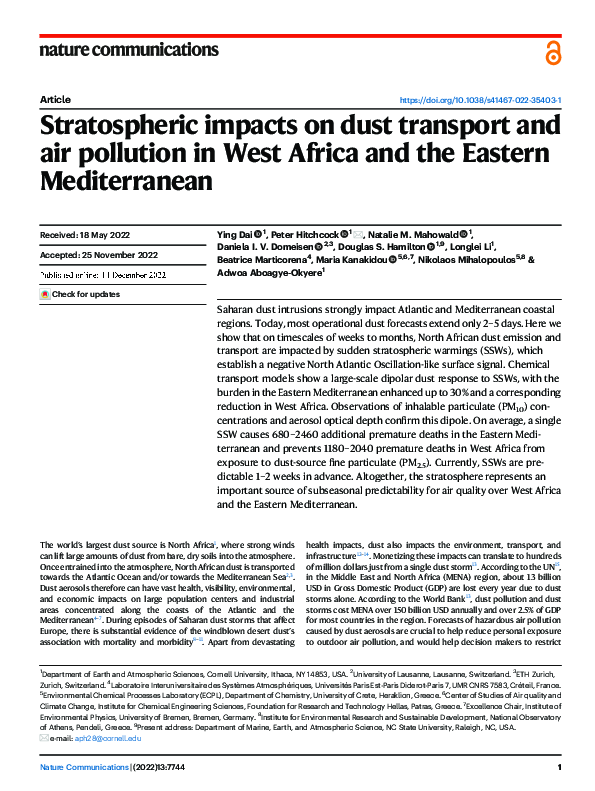(PDF) Stratospheric impacts on dust transport and air pollution in West ...