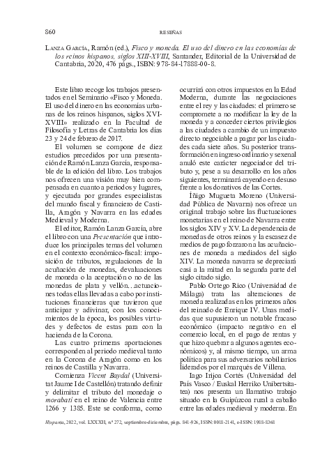 (PDF) LANZA GARCÍA, Ramón (ed.), Fisco y moneda. El uso del dinero en ...