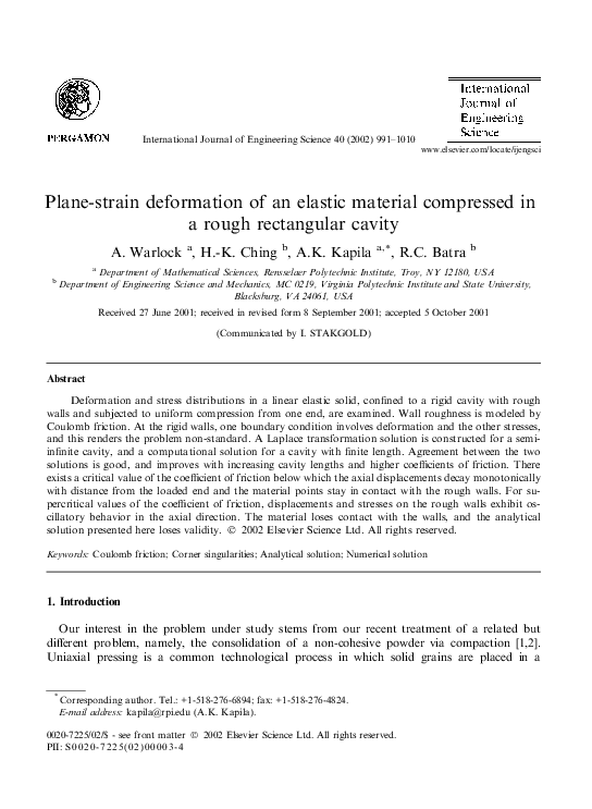 (PDF) Plane-strain deformation of an elastic material compressed in a ...