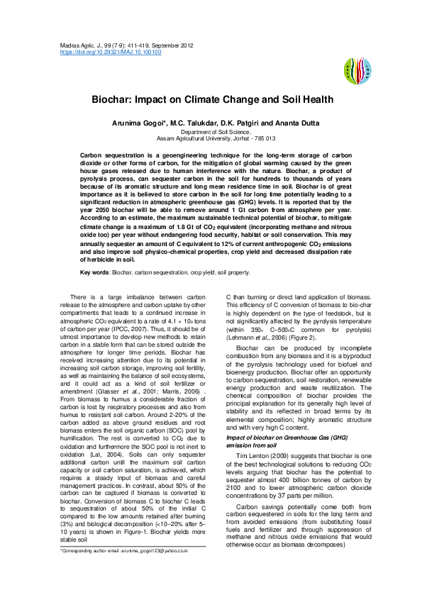 (PDF) Biochar: Impact on Climate Change and Soil Health