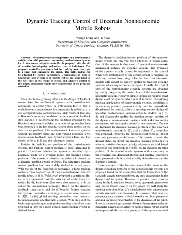 (PDF) Dynamic tracking control of uncertain nonholonomic mobile robots