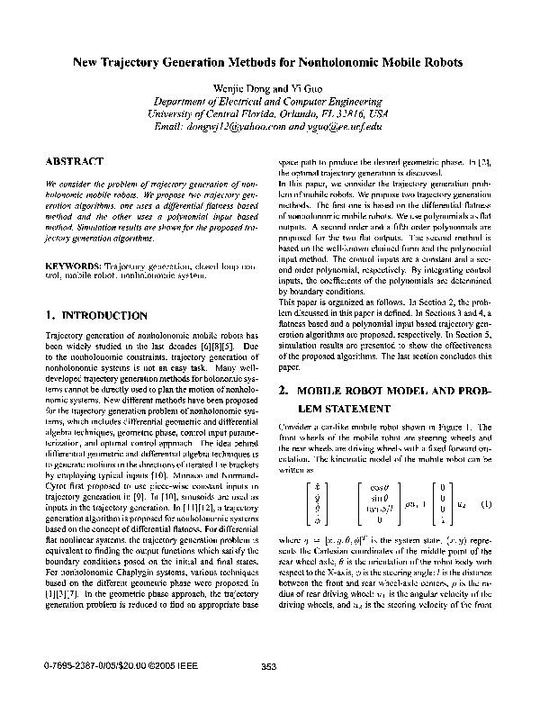 (PDF) New trajectory generation methods for nonholonomic mobile robots
