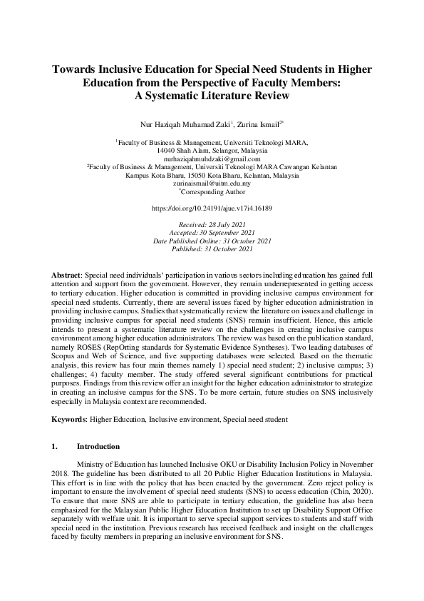 (PDF) Towards Inclusive Education for Special Need Students in Higher ...