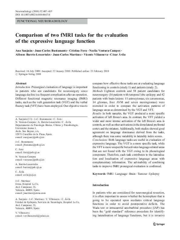 (PDF) Comparison of two fMRI tasks for the evaluation of the expressive ...