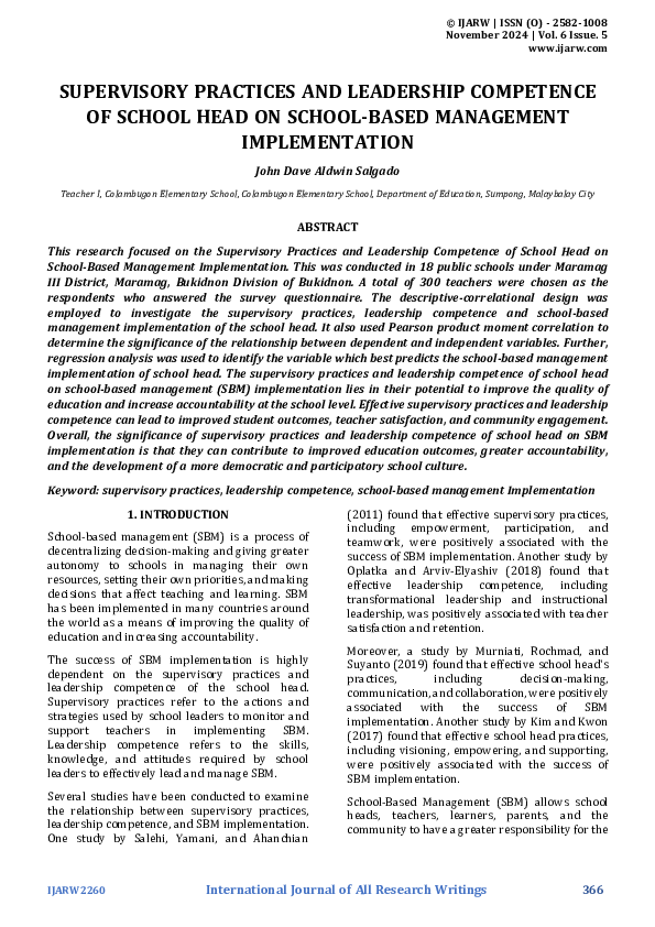 (PDF) SUPERVISORY PRACTICES AND LEADERSHIP COMPETENCE OF SCHOOL HEAD ON ...