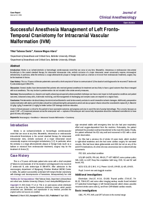 (PDF) Successful Anesthesia Management of Left Fronto-Temporal ...