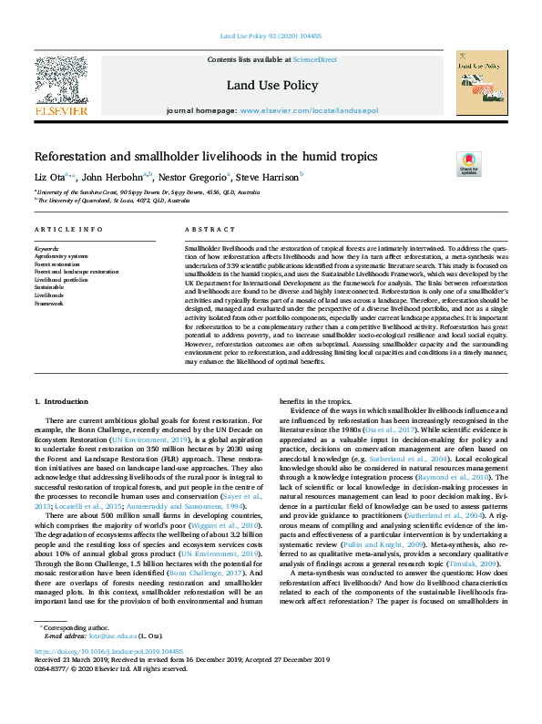 (PDF) Reforestation and smallholder livelihoods in the humid tropics