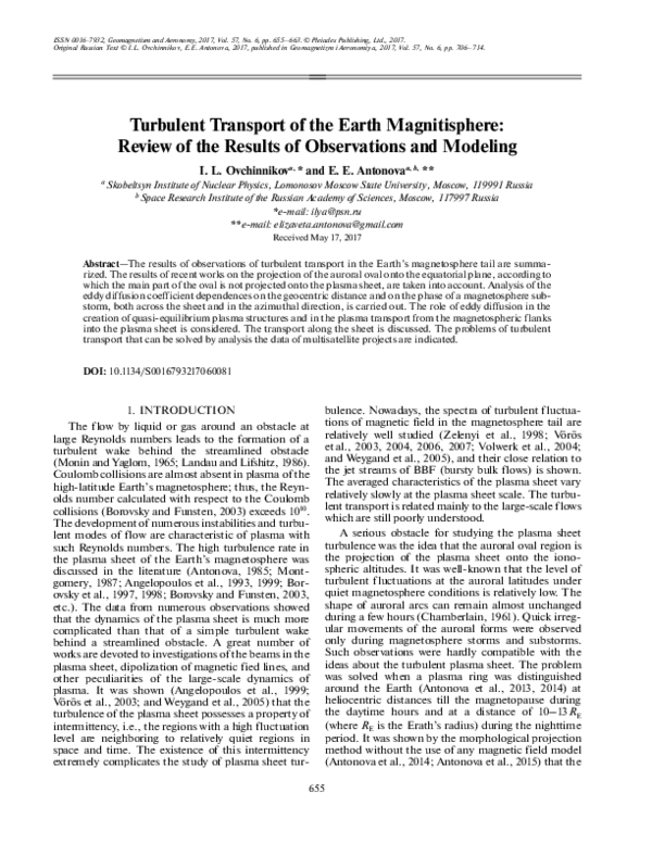(PDF) Turbulent transport of the Earth magnitisphere: Review of the ...