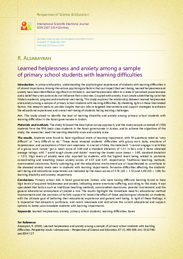 (PDF) Learned helplessness and anxiety among a sample of primary school ...