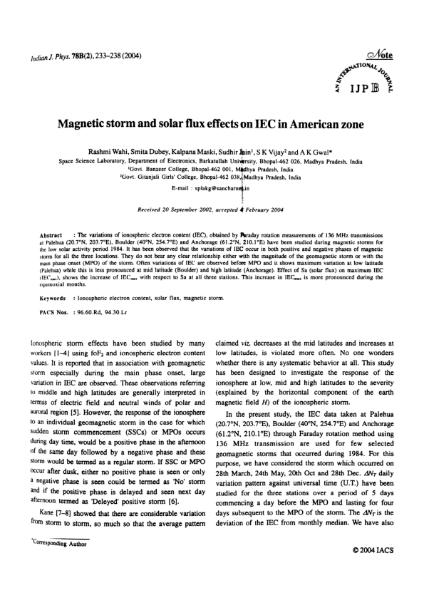 (PDF) Magnetic Storm and Solar Flux Effects on IEC in American Zone