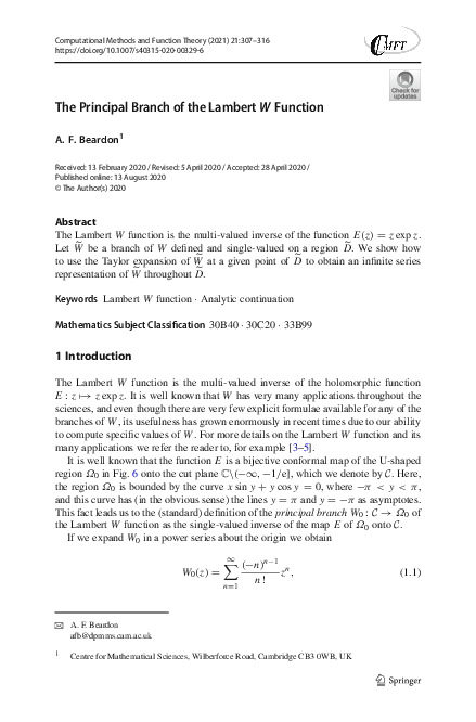 (PDF) The Principal Branch of the Lambert W Function