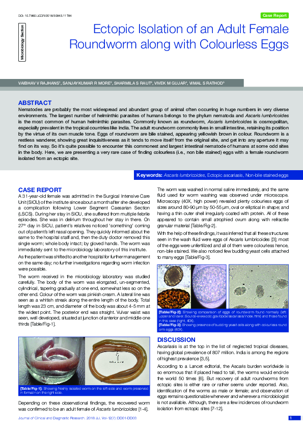 (PDF) Ectopic Isolation of an Adult Female Roundworm along with ...
