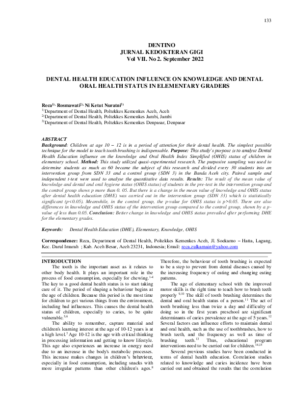 (PDF) Dental Health Education Influence on Knowledge and Dental Oral ...