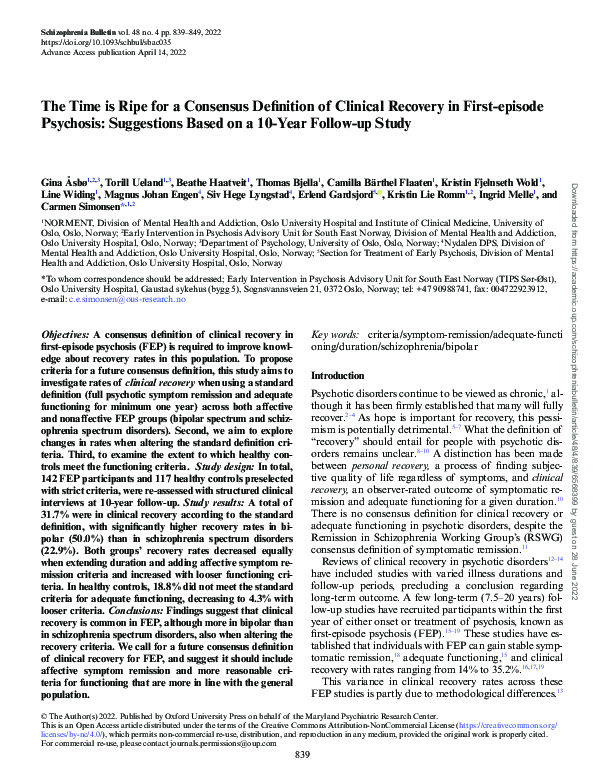(PDF) The Time is Ripe for a Consensus Definition of Clinical Recovery ...
