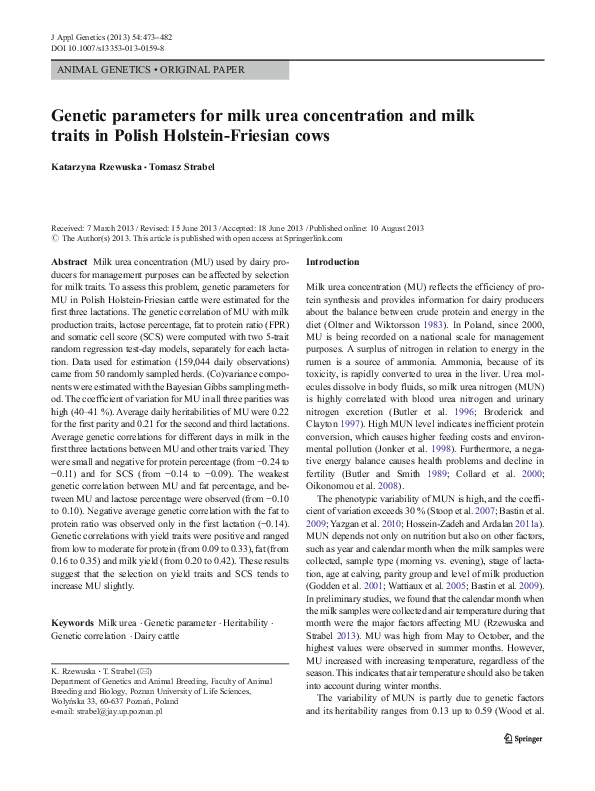(PDF) Genetic parameters for milk urea concentration and milk traits in ...