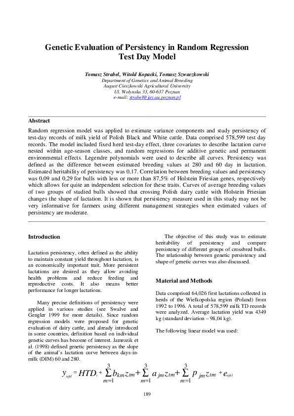 (PDF) Genetic evaluation of persistency in random regression test day model