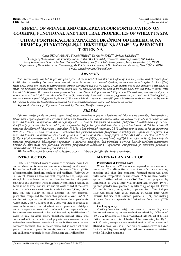 (PDF) Effect of spinach and chickpea flour fortification on cooking ...