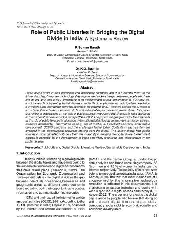 (PDF) Role of Public Libraries in Bridging the Digital Divide in India ...