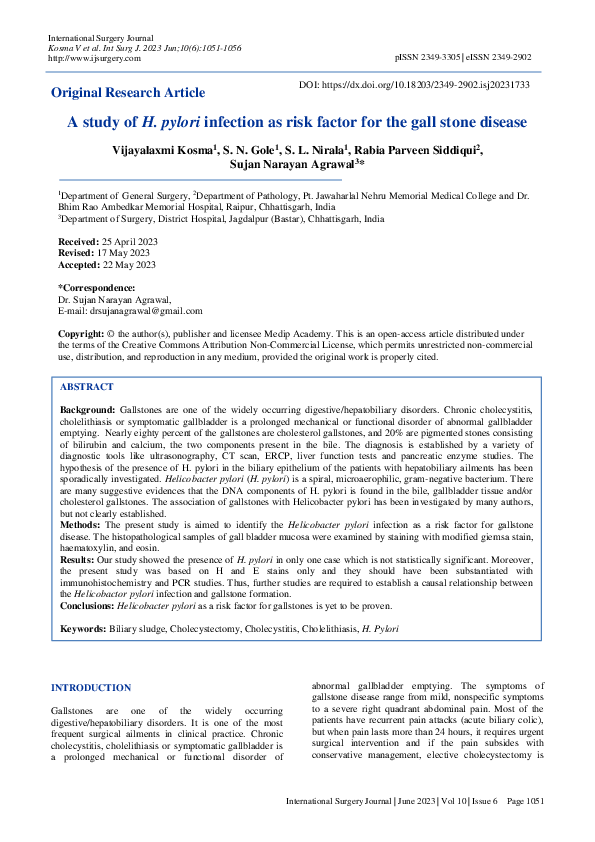 (PDF) A study of H. pylori infection as risk factor for the gall stone ...