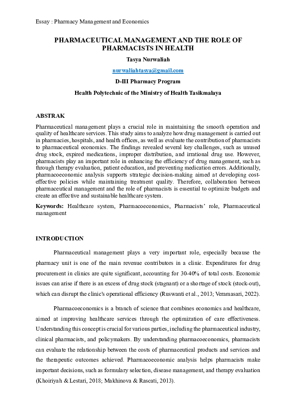 (PDF) PHARMACEUTICAL MANAGEMENT AND THE ROLE OF PHARMACISTS IN HEALTH