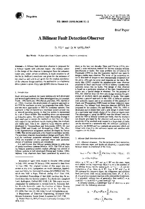 (PDF) A bilinear fault detection observer