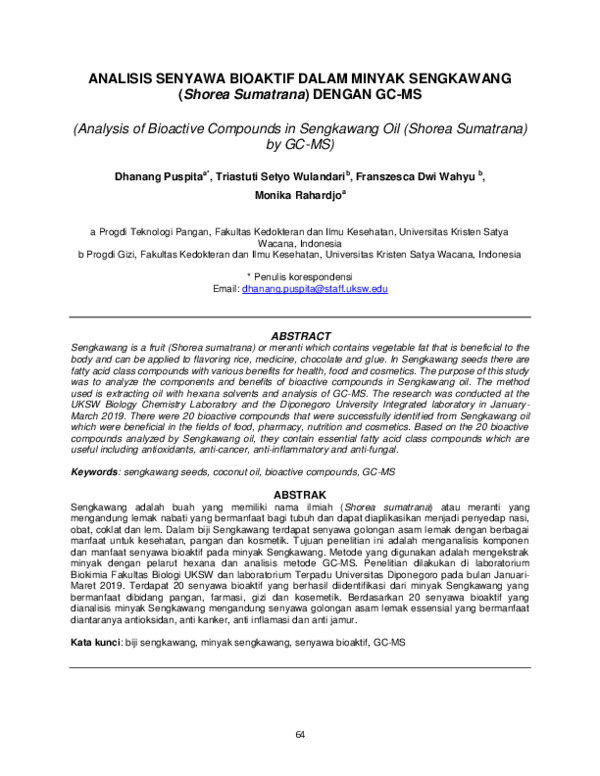 (PDF) ANALISIS SENYAWA BIOAKTIF DALAM MINYAK SENGKAWANG (Shorea ...