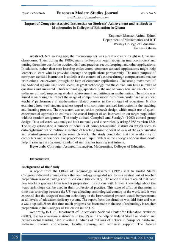 (PDF) Impact of Computer Assisted Instruction on Students' Achievement ...